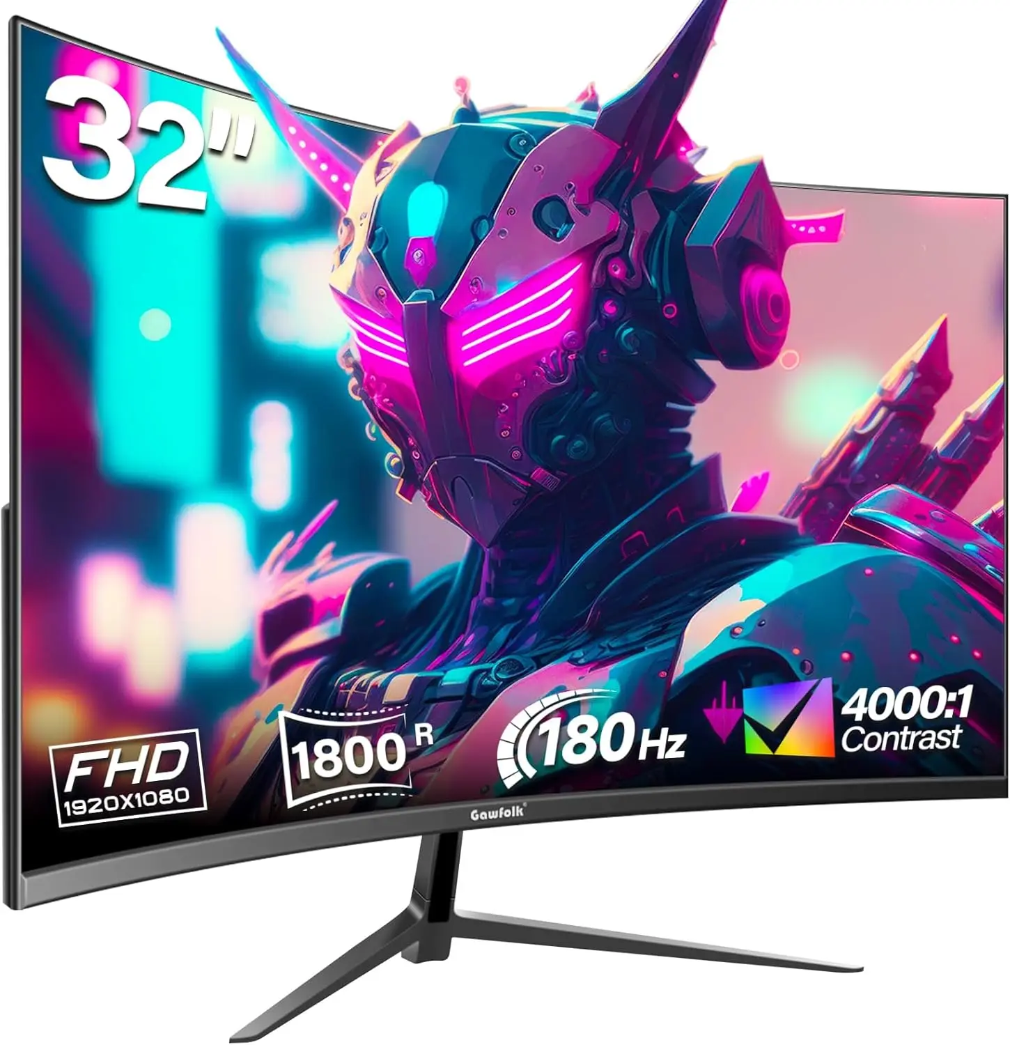 Gawfolk 32 Inch Curved Gaming Monitor, FHD 1920×1080, 1800R Curved Screen, 180Hz Refresh Rate, Contrast Ratio, Frameless VA Display, HDMI & DP Ports, VESA Mountable, Eye Care for PC Gaming & Office