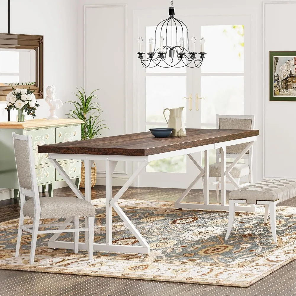 Farmhouse Dining Table for 6-8 People, 78.7-Inch Rectangular Wood Dining Table, Rustic Kitchen Table with Heavy Duty Metal Legs