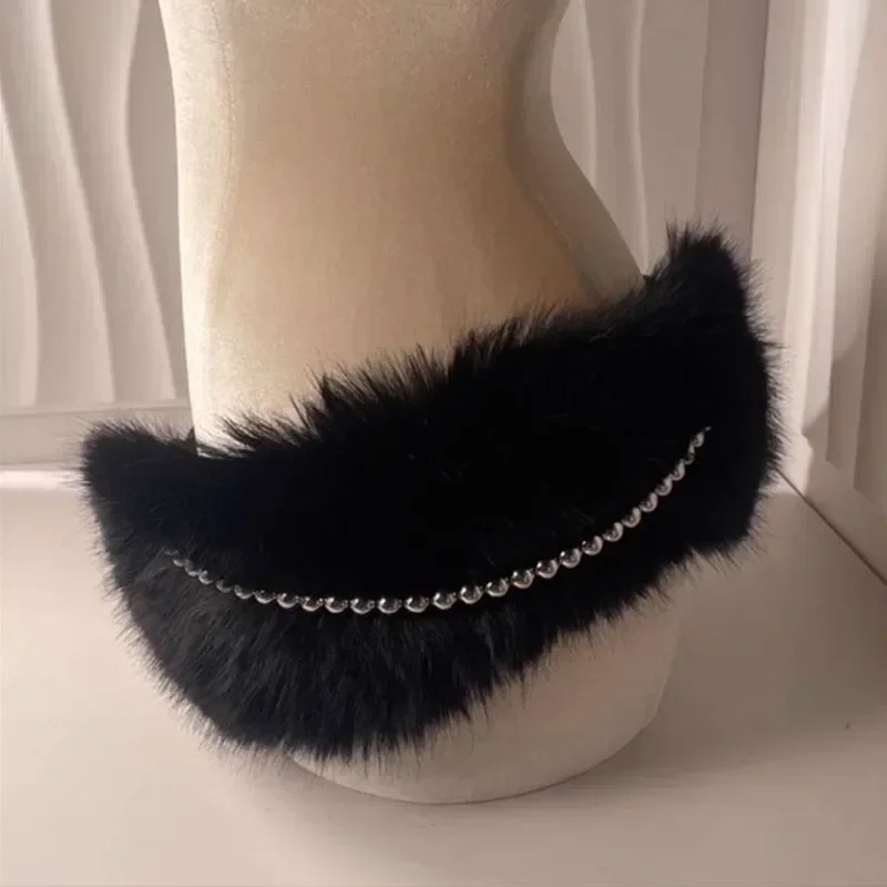 Vintage Faux Fur Belts Y2K Metal Bead Chain Plush Waist Chain Furry Fur Sexy Cowgirl Waistband Punk Belt Jeans for Night Club