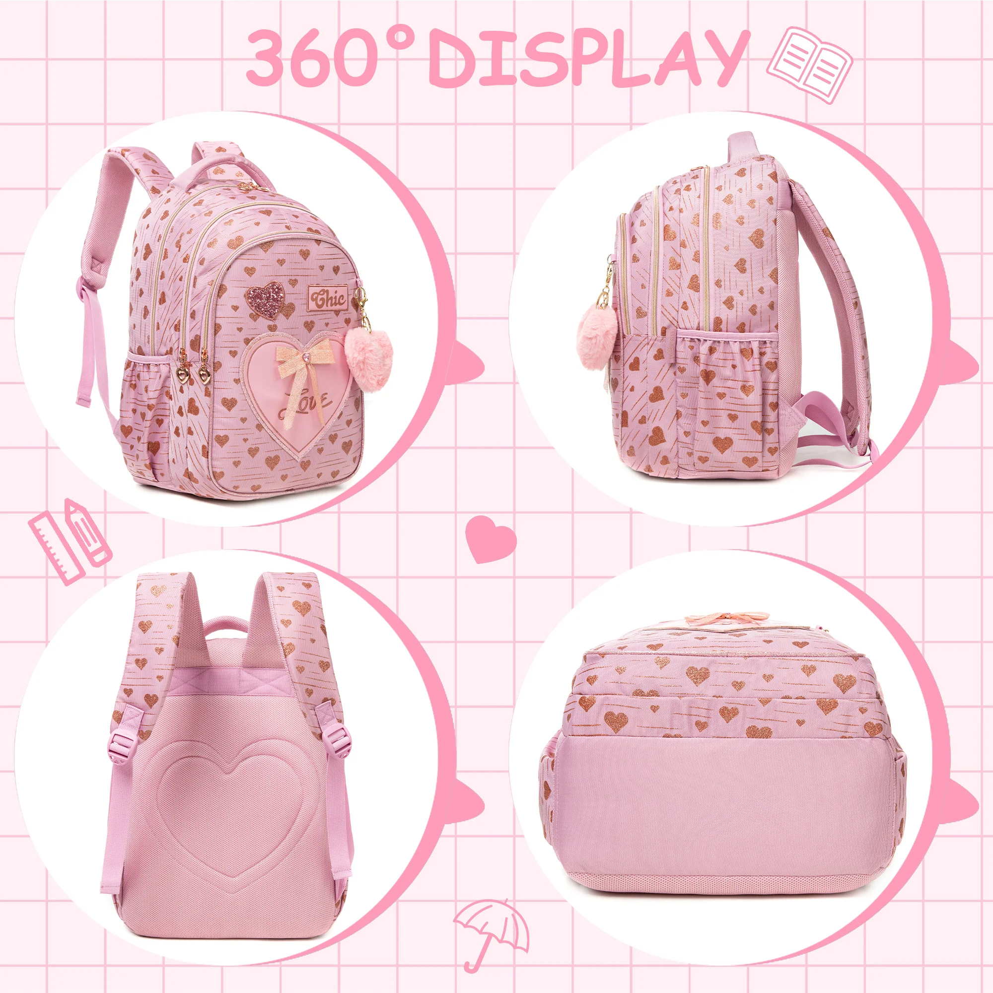 Girls Canvas Backpack Set with Lunch Box, School Laptop Bookbag for Elementary Students image 3