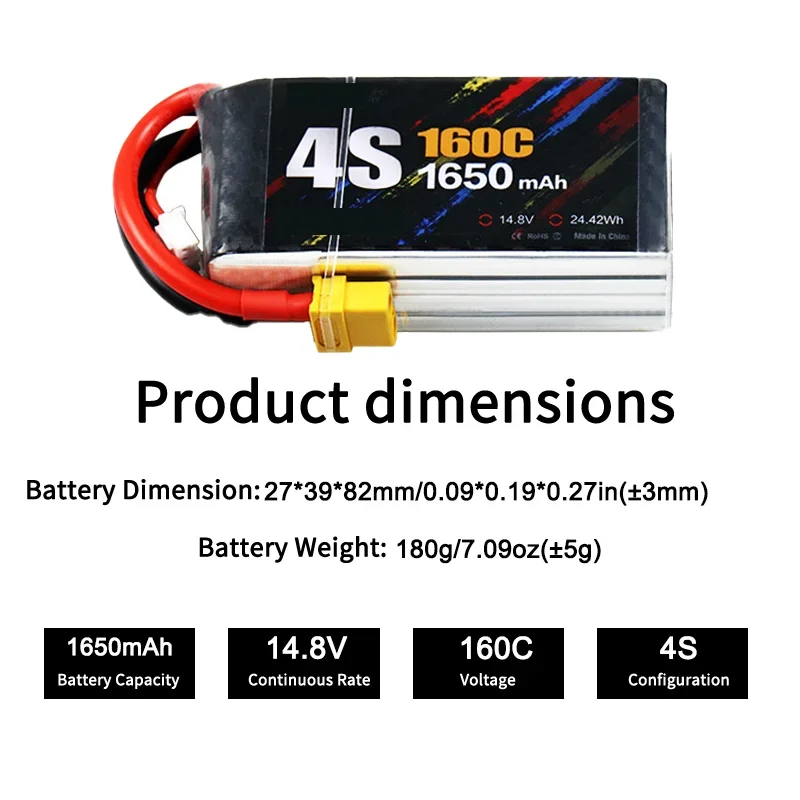 1650mAh 4S 14.8V 160C High Performance Medium Rate Long Endurance Stable Power LiPo Battery For 5 Inch Huafei Racing FPV Drone