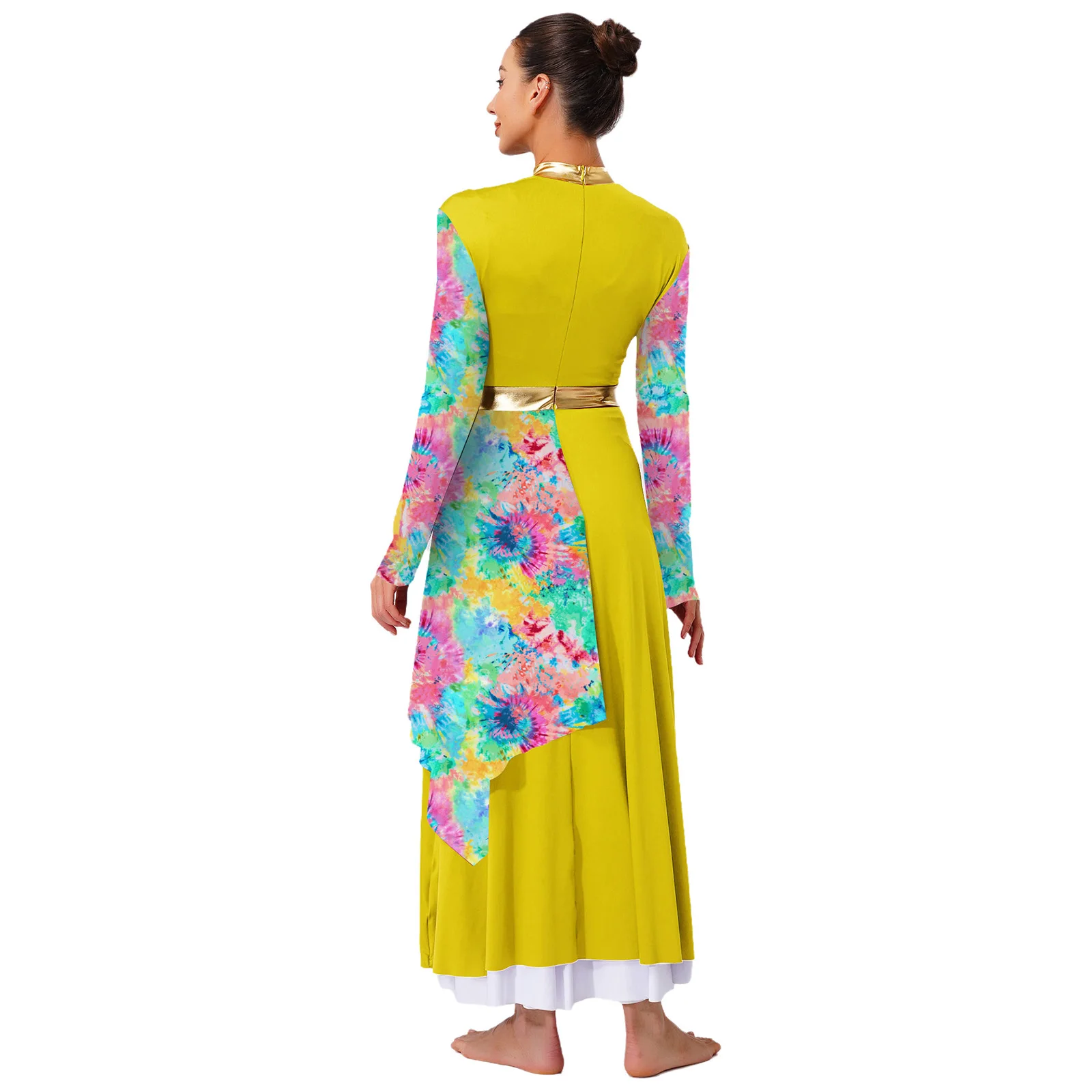 Traje de baile de adoración de alabanza para mujeres adultas túnica de manga larga vestido asimétrico de cintura alta traje de actuación de danza lírica