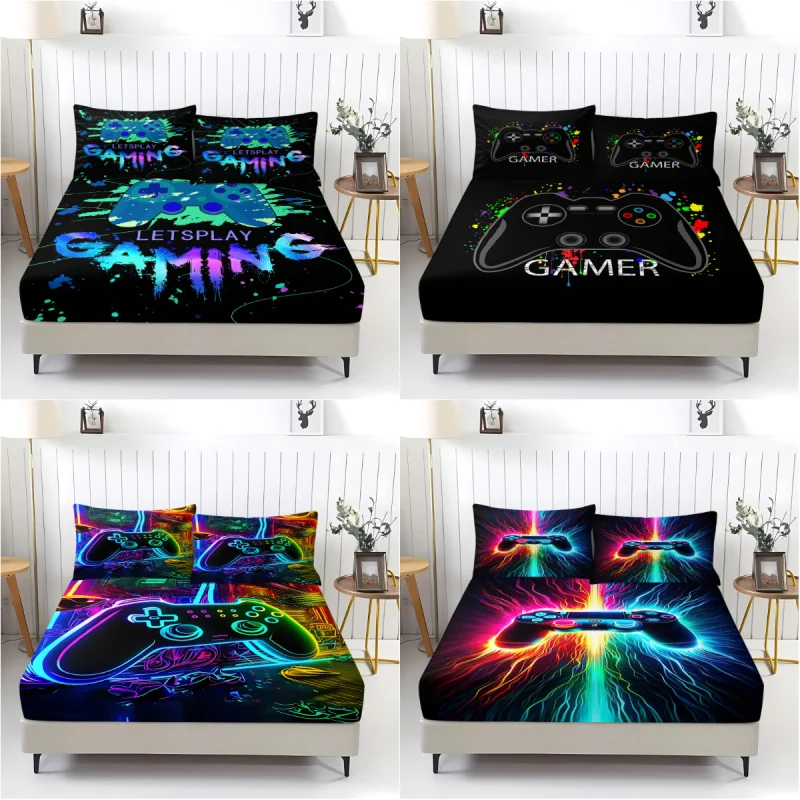 Fashion Cool Gamepad Print Fitted Sheet Set Soft Comfortable Breathable Bedding Mattress Protector Set For Bedroom Guest Room