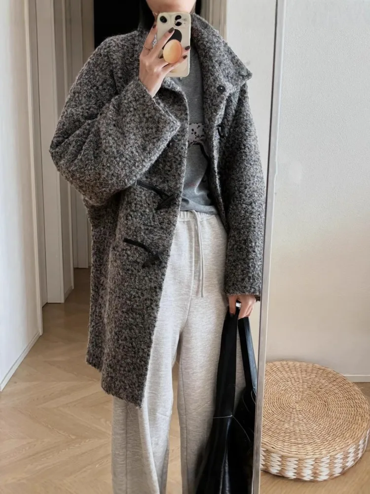 جديد أزياء المرأة البقرة القرن زر الصوف يمزج الوقوف طوق متوسطة طول معطف الصوف فضفاضة تناسب ملابس خارجية معطف الخريف الشتاء #4