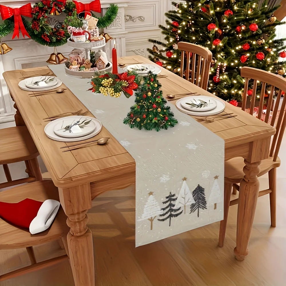 1pc Autumn Christmas Tree Pattern Table Runner, Linen Fabric Holiday Table Decoration for Home Kitchen Dining Room Festive Setup