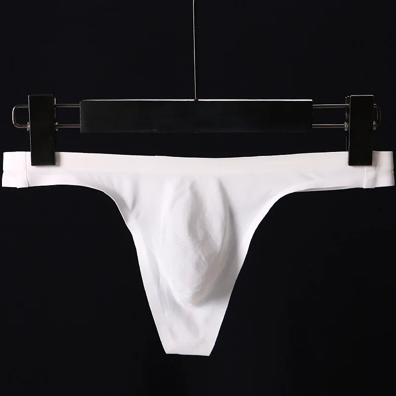 Seamless Sexy Underwear Mens Ice Silk Bugle Pouch Thongs Soft Male Lingerie Low Waist T-Back Briefs Thin Silky Man Panties Swim