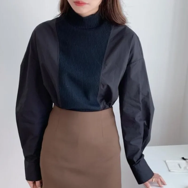 Pull à manches longues moelleux pour dames, chemise cousue, haut à col mi-haut, version coréenne, décontracté, automne et hiver