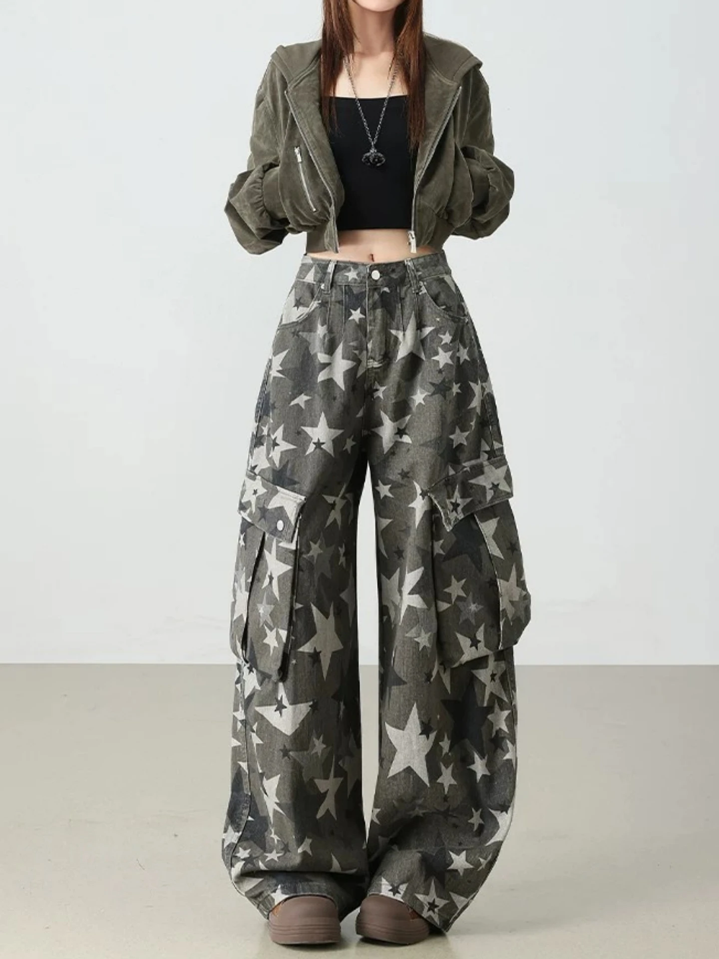 American Style High Waist Wide Leg Jeans Women's Autumn New Loose Slimming Knife  Micro Flared Casual Camouflage Workwear