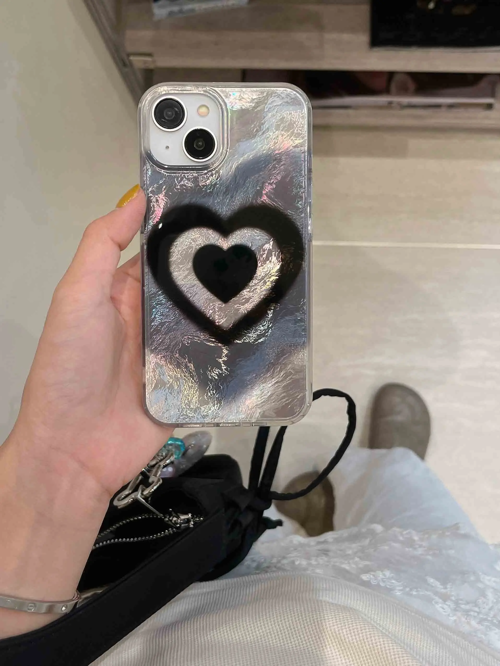 Black love heart motting phone case for iphone 14pro 15pro 15 14 13pro 15promax 13 12 pro max shiny glacier ins cover shell