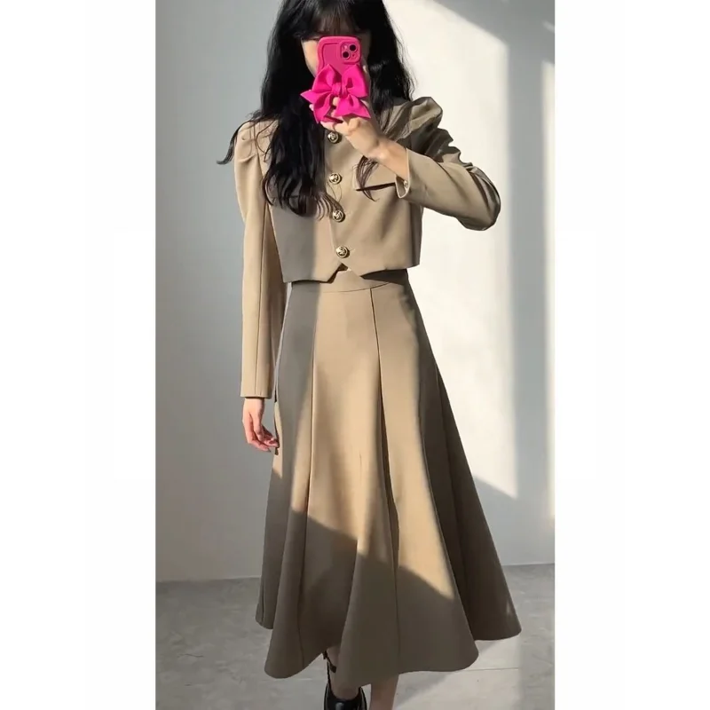 Insozkdg Skirt Suit Solid Hepburn Style Loose Casual Chic Blazers  Tops A-line Pleated Long Skirts Korean Style Two Piece Sets