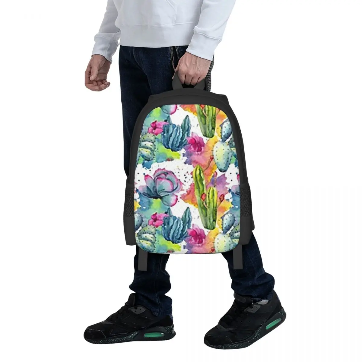 Exotic Wildflower Cactus Pattern Watercolor Style Stylish Backpack School Bag Hiking Travel Daypack for Bookbag Shoulder Bags