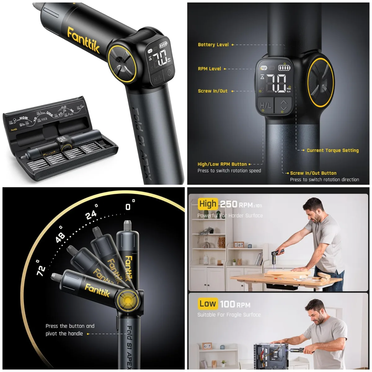 

S1 APEX Electric Screwdriver, 7N.m High Torque, 2 Speed, 1/4'' Hex, Pivot Handle, Screen Touch - Deluxe Edition