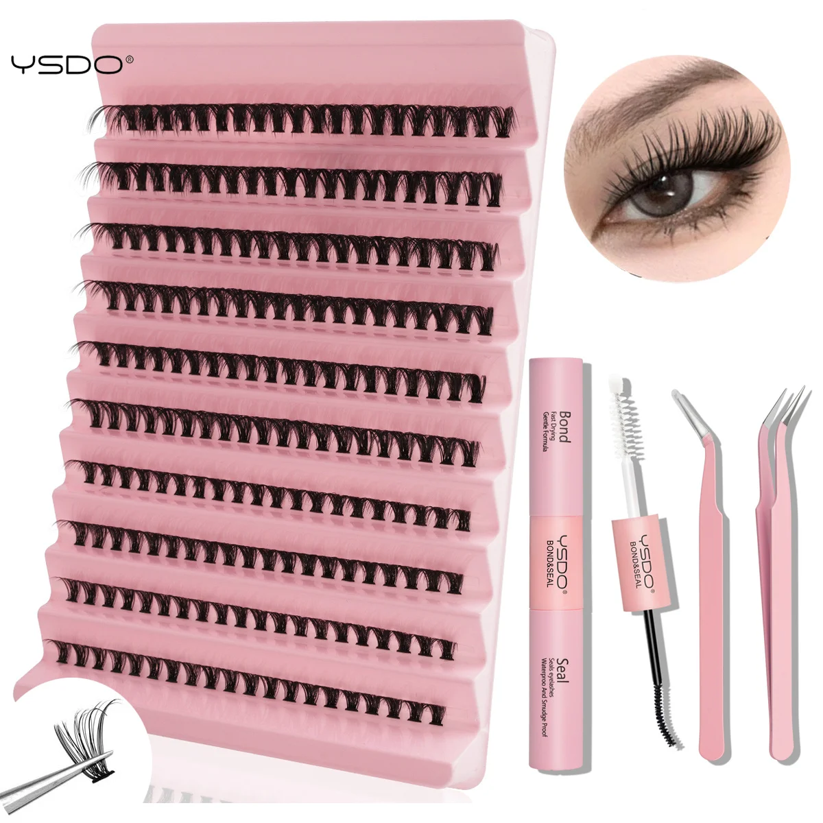 Fluffy Lash Clusters Extensions Kit ซีลและ Bond 2 in1 ขนตาหนากลุ่ม Wispy Lashes ปลอม Cils เครื่องมือแต่งหน้า