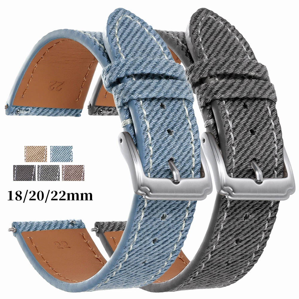 Bracelet de montre à dégagement rapide en jean vintage, motif denim, 18mm 20mm 22mm, sangle en cuir de vachette cousue pour bracelet de sport en toile Seiko