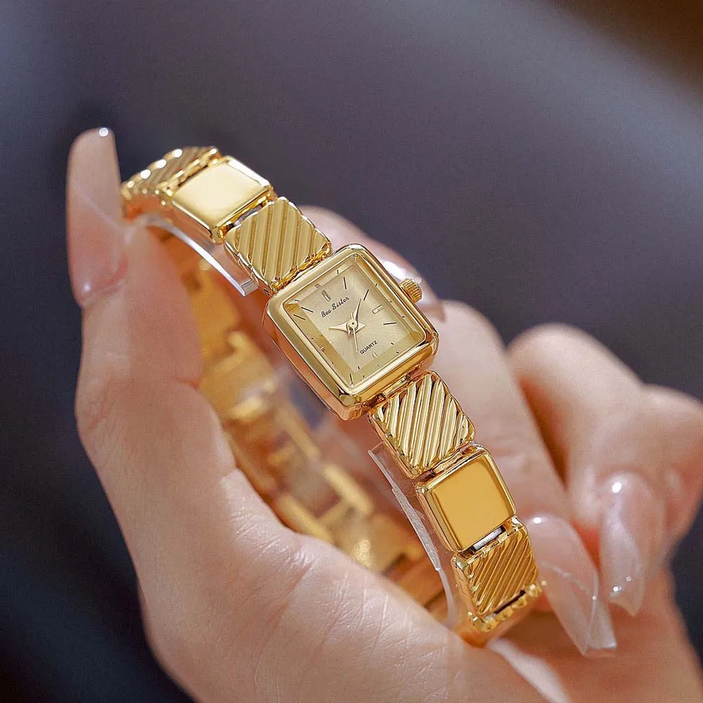 

Роскошные золотые кварцевые часы для женщин, браслет высокого качества с квадратным циферблатом, женские наручные часы, модное платье, подарок