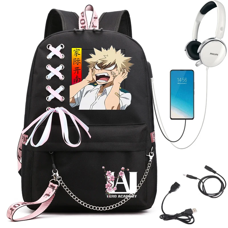 My Hero Academia Anime zaino da donna porta Usb zaino da viaggio da donna borsa a tracolla Katsuki Bakugo Anime Trend zaino per Laptop