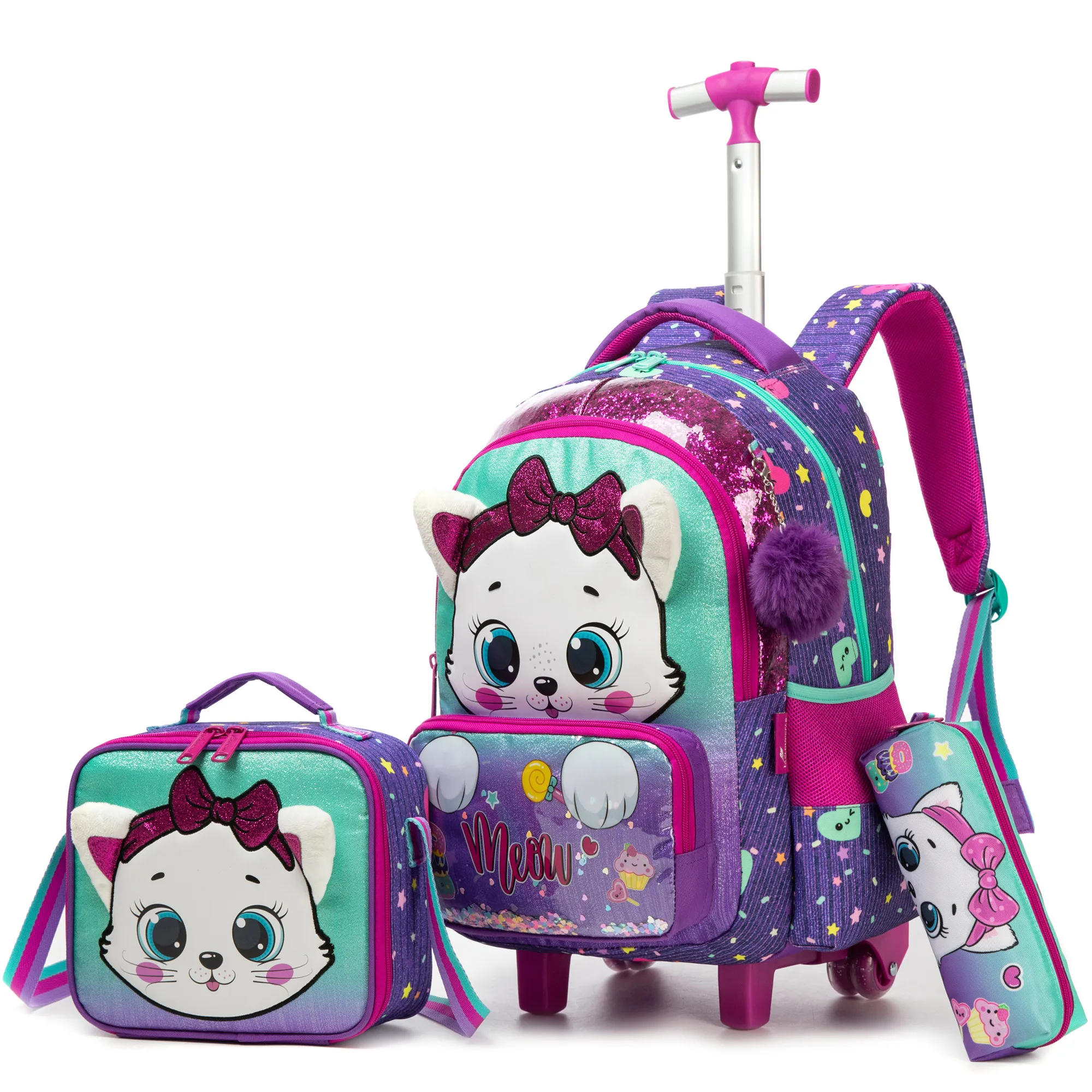 Girls Rolling Backpack Set with Wheels School Bag with Lunch Bag and Pencil Case for Elementary Students Back to School Carry on Luggage Kids Daily Travel Bag