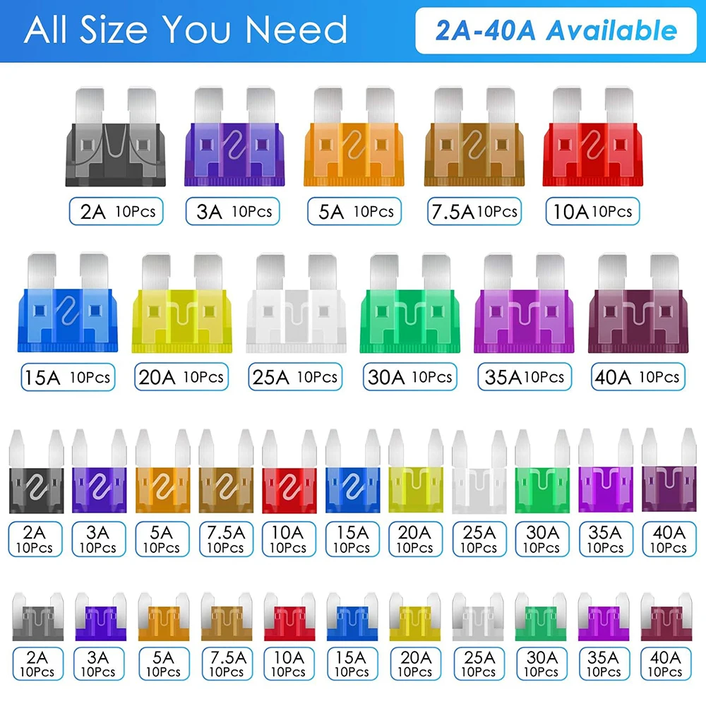 330-teiliges Sicherungs-Sortiment Standard & Profil Mini & Mini-Größe (2A 3A 5A 7,5A 10A 15A 20A 25A 30A 35A 40A), Flachsicherungs-Set – Detail 2