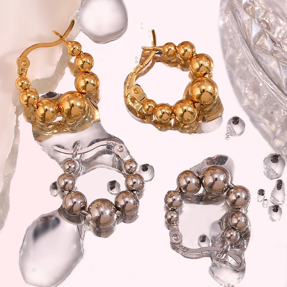 Cute Lovely Huggies Small Beads Ball Hoop Earrings Golden Silver Color Stainless Steel Earrings boucle d\'oreille créole
