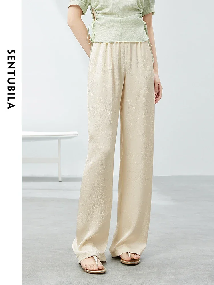 SENTUBILA Texture Folds Casual Pants for Women 2024 Summer Elegant Straight Wide Leg Elastic Waist Female Trousers 142K54454