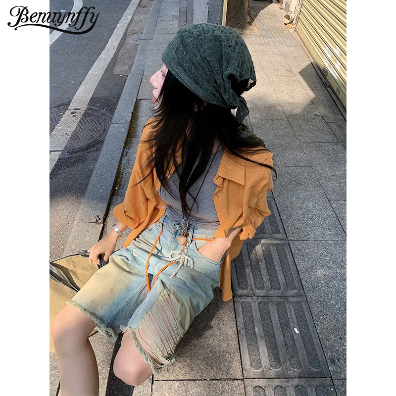 

Benuynffy Casual Pockets Long Sleeve Shirts Women 2026 Spring Summer New Korean Fashion Cotton Linen Loose Button Down Tops