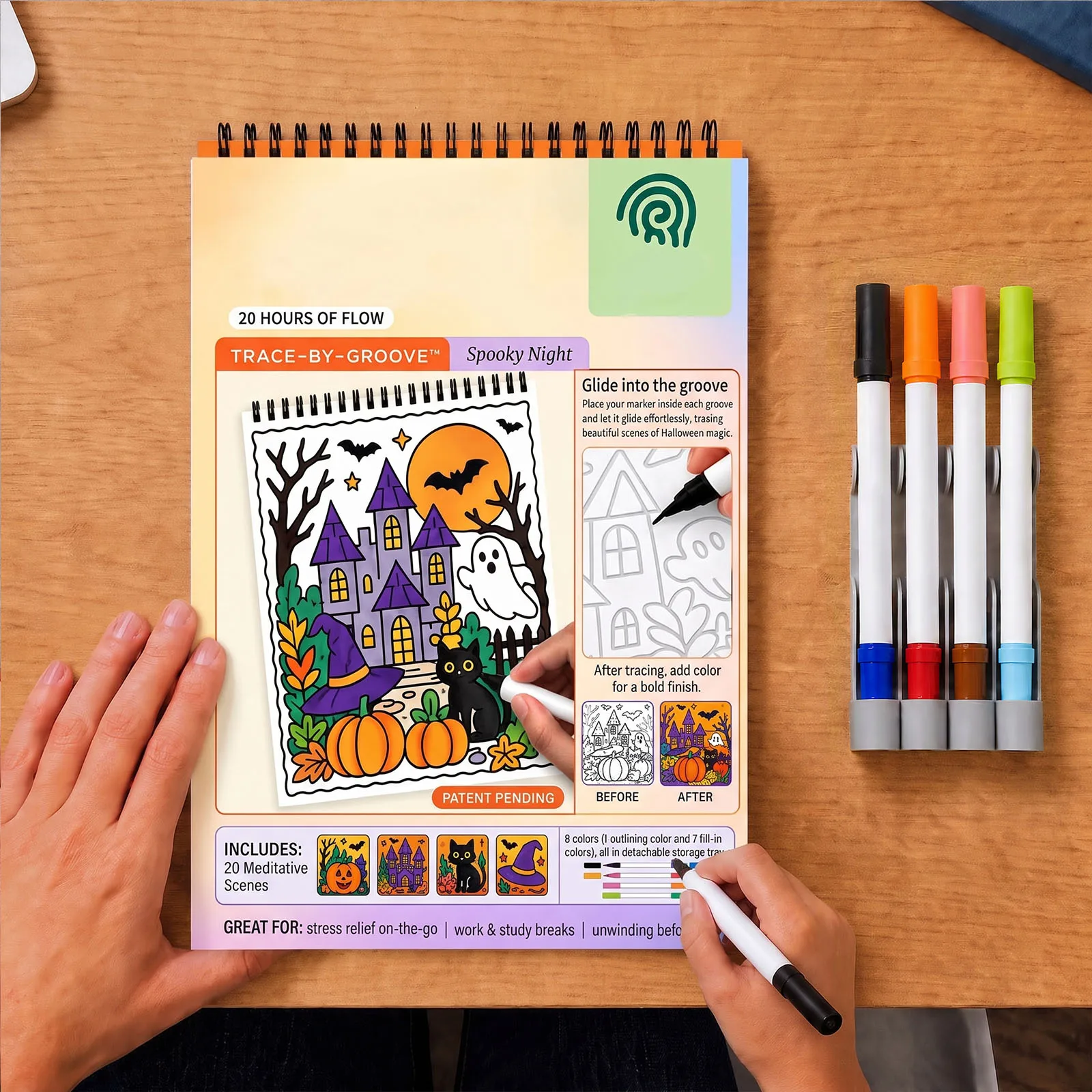 Art Coloring Book with Groove Tracing 20 Scenes Dual-Tip Marker Set Spiral Notebook