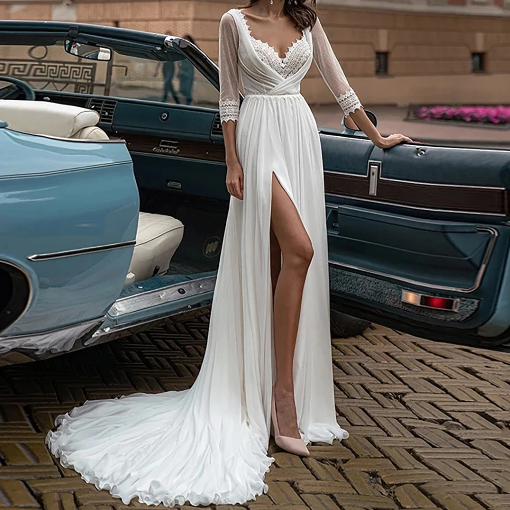 

Chiffon Long Wedding Dress For Women Lace 3/4 Sleeve Sexy V-Neck Pleated Backless Side Split 2025 Bridal Dress Customized