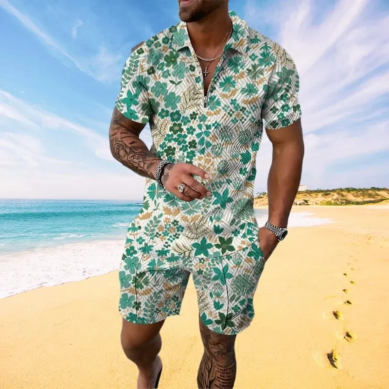 2023 New Floral Plant Pattern 3D Print Summer Men's Sweatsuit Set Casual Zipper Collar Polo Shirt And Shorts 2pcs Sets Tracksuit