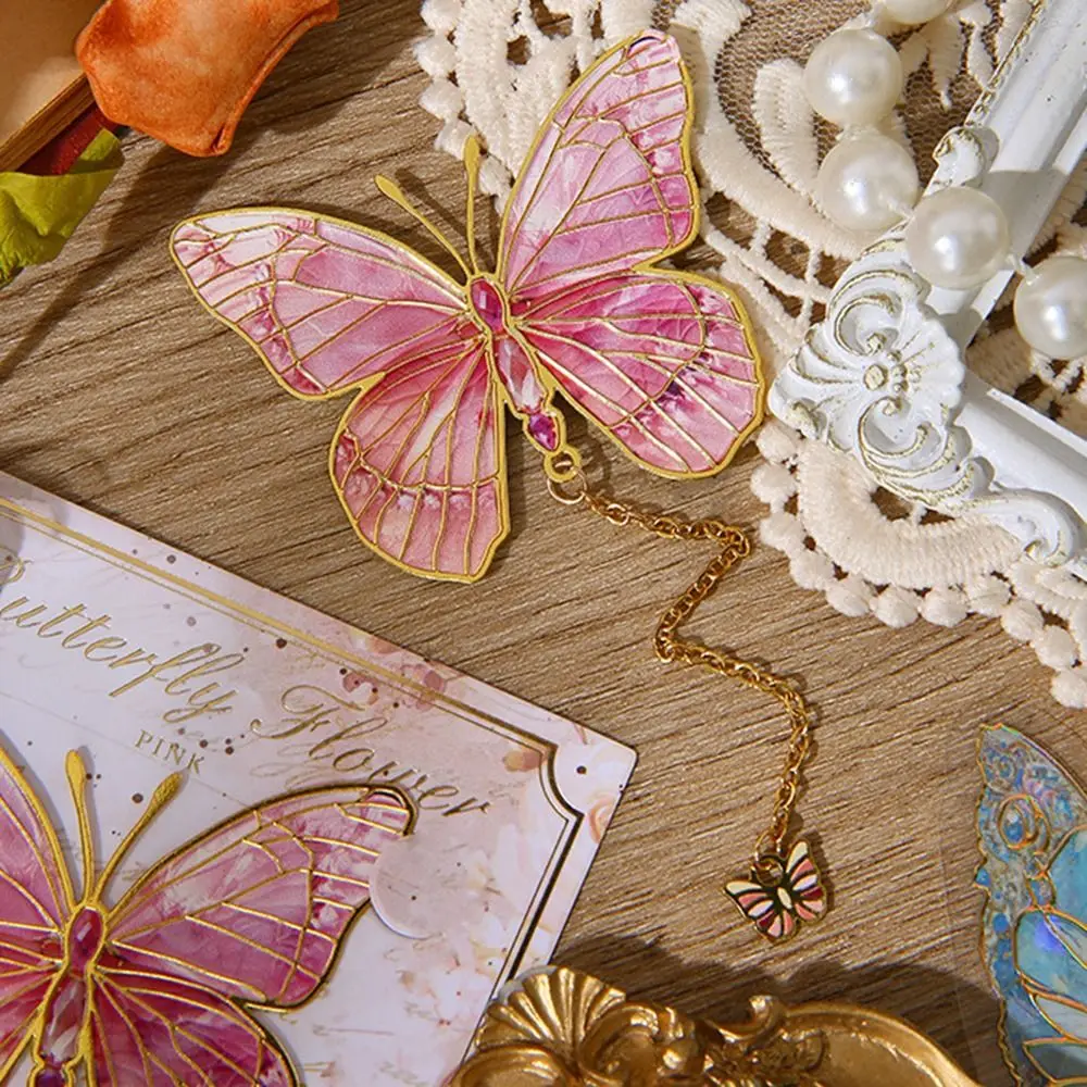 Marcapáginas de mariposa de Metal bronceado con colgante, Clips de página de libro de estilo chino con cadena, exquisitas páginas separadoras