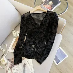 Elegant V-Neck Button Shirt 2024 Spring Autumn Fashion Gauze Folds Female Clothing Commute Spliced Long Sleeve Slim Basic Blouse