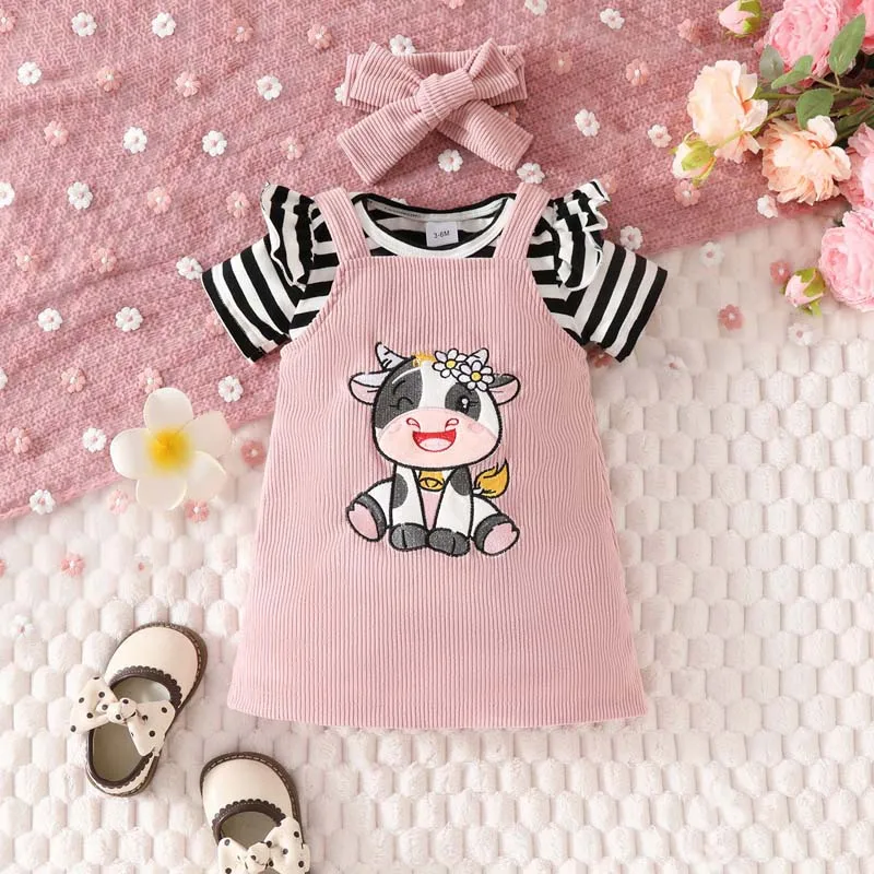 

Baby Girl Clothes Newborn Set Summer Skirts Striped Bodysuit Cow Embroidered Back Dress Hairband 3PCS Outfits 0-18 Months