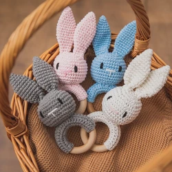 1pc Baby Crochet Rabbit Music Rattle Teether Wooden Ring Rattle Toys Soother Bracelet Mobile Crib Toys For Newborn Gifts Teether