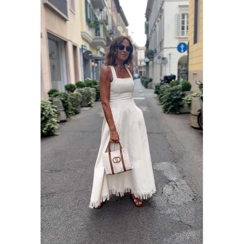 Women Summer Bohemian White Flowy Maxi Dress with Fringe Tassel Detail Sleeveless Casual Beach Party Outfit for Vacation Festiva