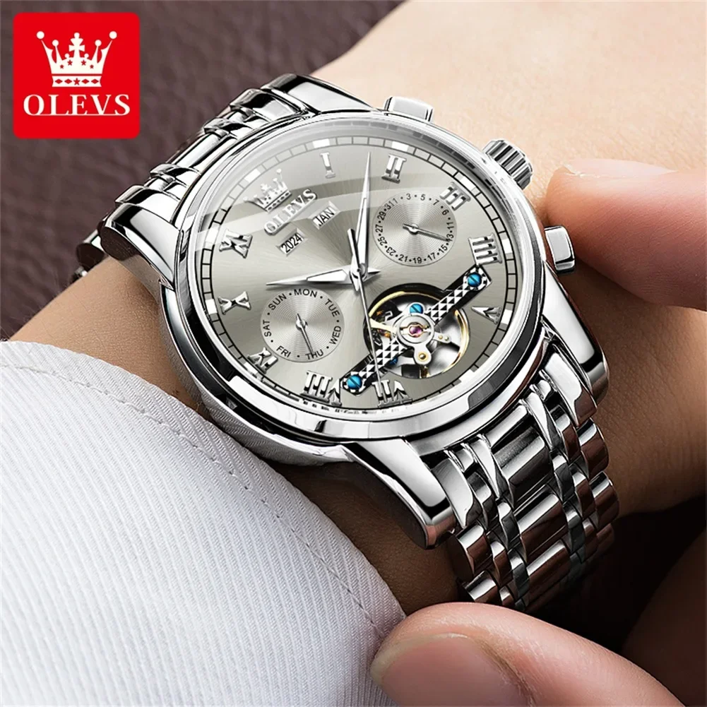 OLEVS Mens Automatic Mechanical Watch Open Heart Dial Stainless Steel Bracelet Luminous Hands Month Date 30m Water Resistant