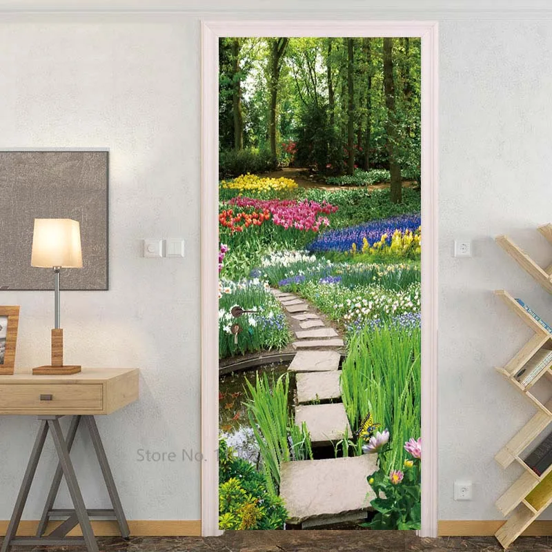 Fairy Forest Painting Door Sticker Mural Adhesive Jungle Landscape Whole Door Wrap Cover Photo Wallpaper Apartment Home Decor