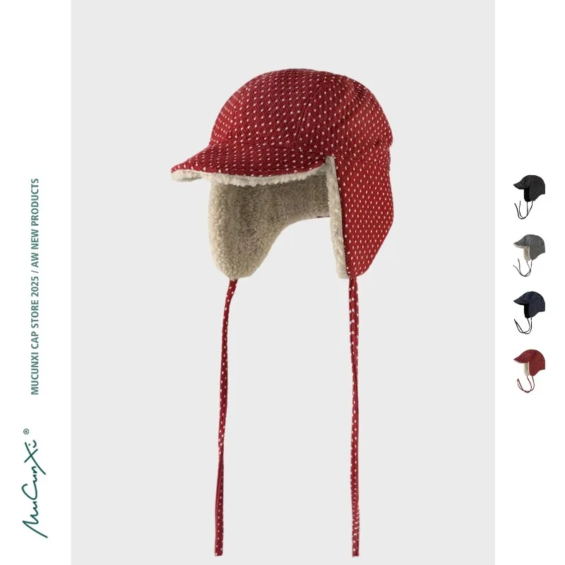 

Корейская мода в горошек, двусторонняя одежда, плюшевые шапки-пилоты, женские зимние дорожные теплые шапки-бомбер с защитой ушей, универсальный ремешок