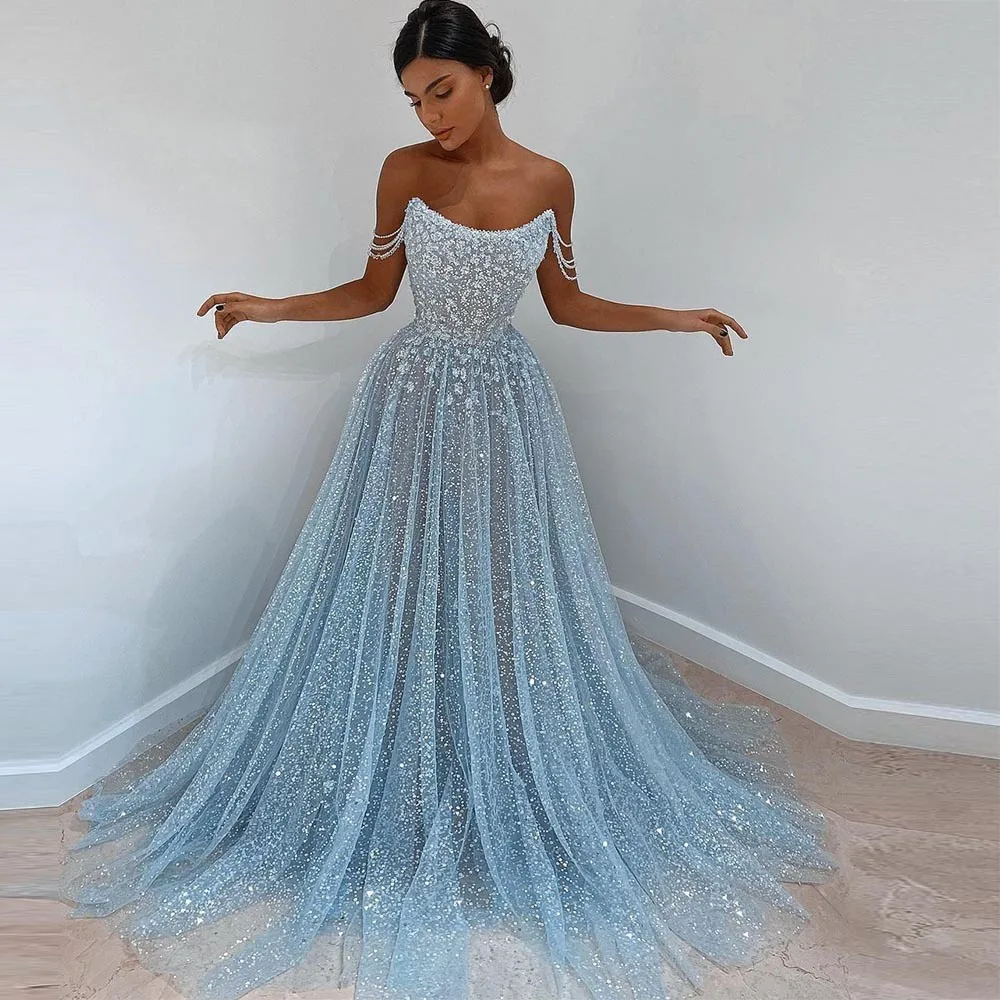 2023 New Sexy Sparkle Shinny Tulle Flowers Lace Appliques Long Prom Dresses A Line Wedding Magnificent Party Evening  Gowns