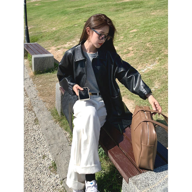 Giacca in Pelle Nera da Donna, Stile Casual con Colletto Rovesciato, Design Retrò Hong Kong, Cappotto in Pelle PU alla Moda, Novità Primavera-Autunno