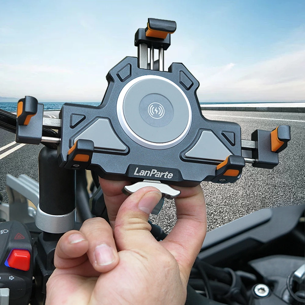 LanParte Universal Dual-Model Wired Wireless Charging 360 Degree Adjustable Waterproof Shockproof Metal Motorcycle Phone Holder