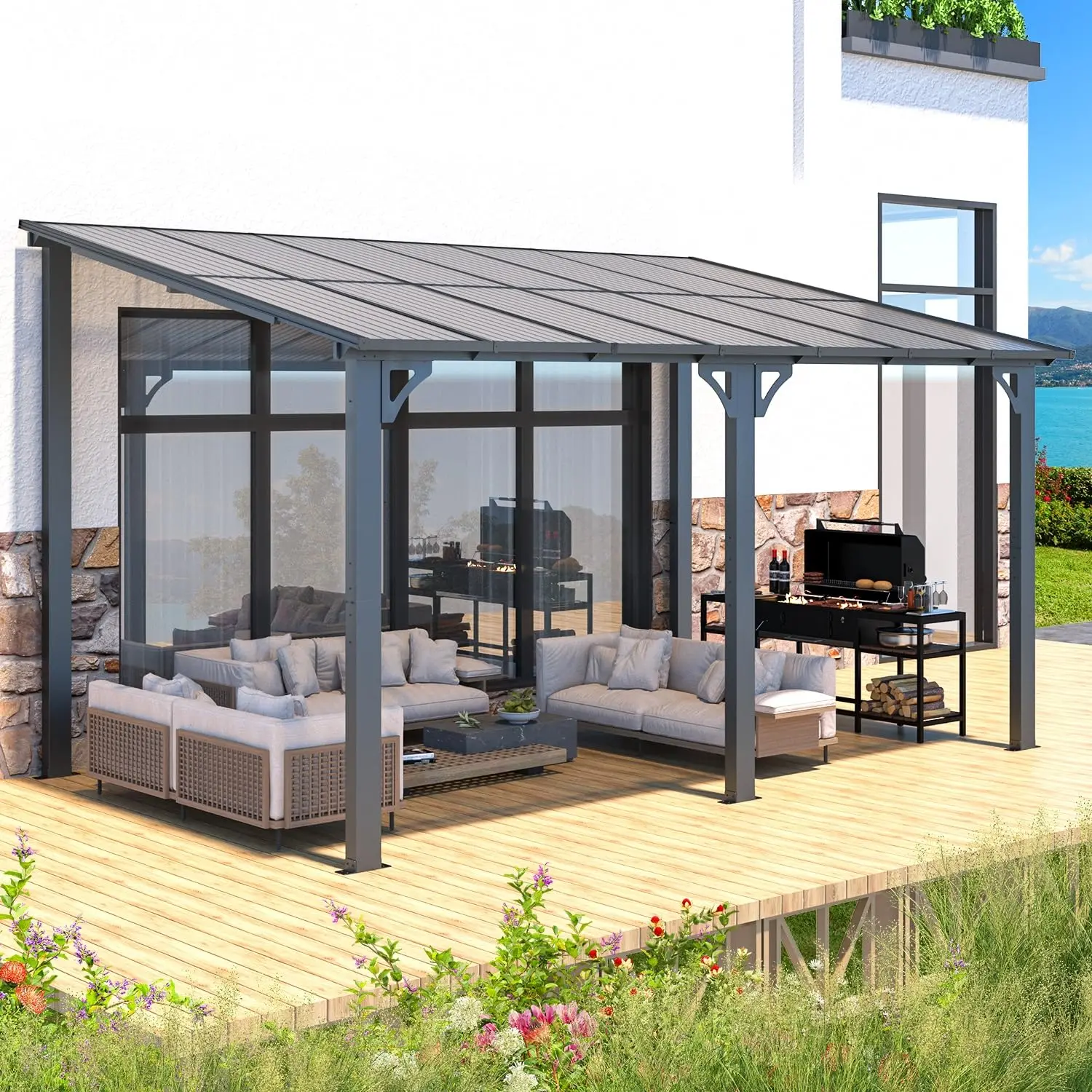 14'x8' Hard Top Lean to Gazebo Pergola Patio Shelter, Wall-Mounted Heavy Duty Awning for Deck Backyard, Customized