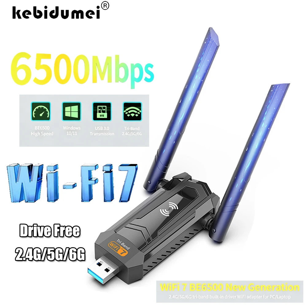 

KEBIDUMEI WiFi 7 Wireless Network Card 6500Mbps USB3.0 2.4G/5G/6GHz Tri-band Drive-Free USB Dongle Adaptador for PC Win10/11