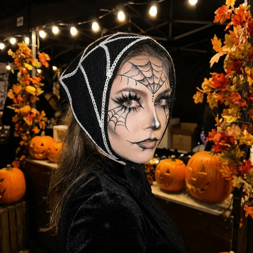 Knitted Halloween Headscarf Creative Pattern Cotton Skull Print Headscarf All Saints Day Style Hollow Out Design