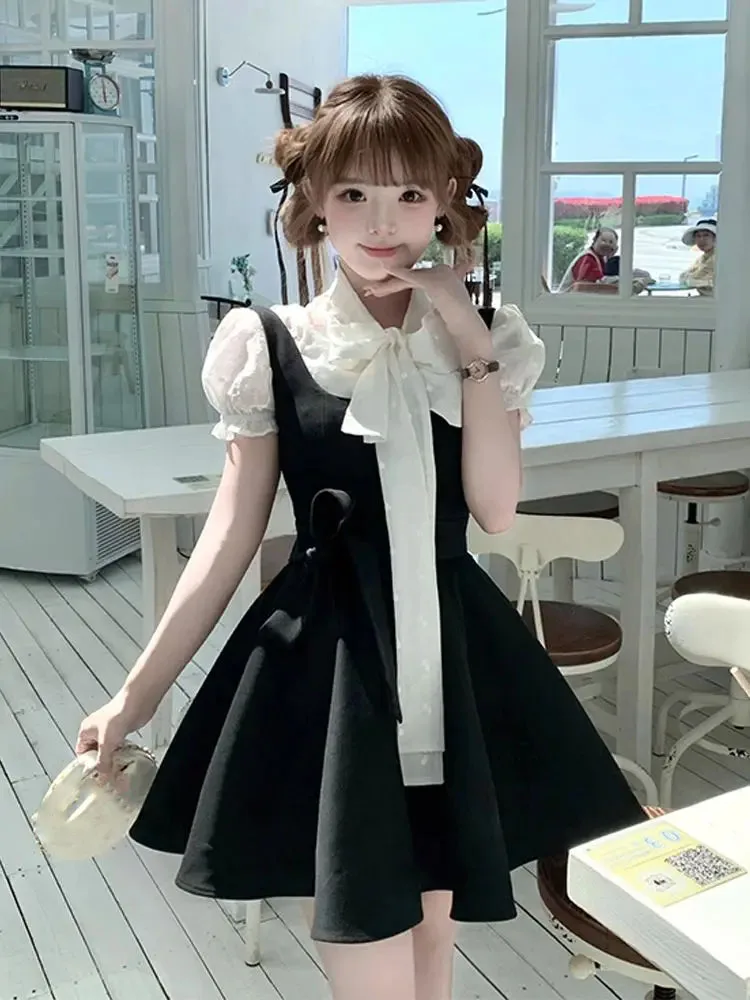 مجموعة ملابس نسائية يابانية حلوة مكونة من قطعتين فستان قصير سهل الارتداء ​ + بلوزة صيفية بفيونكة منقطة Y2k بدلة Jk جمالية