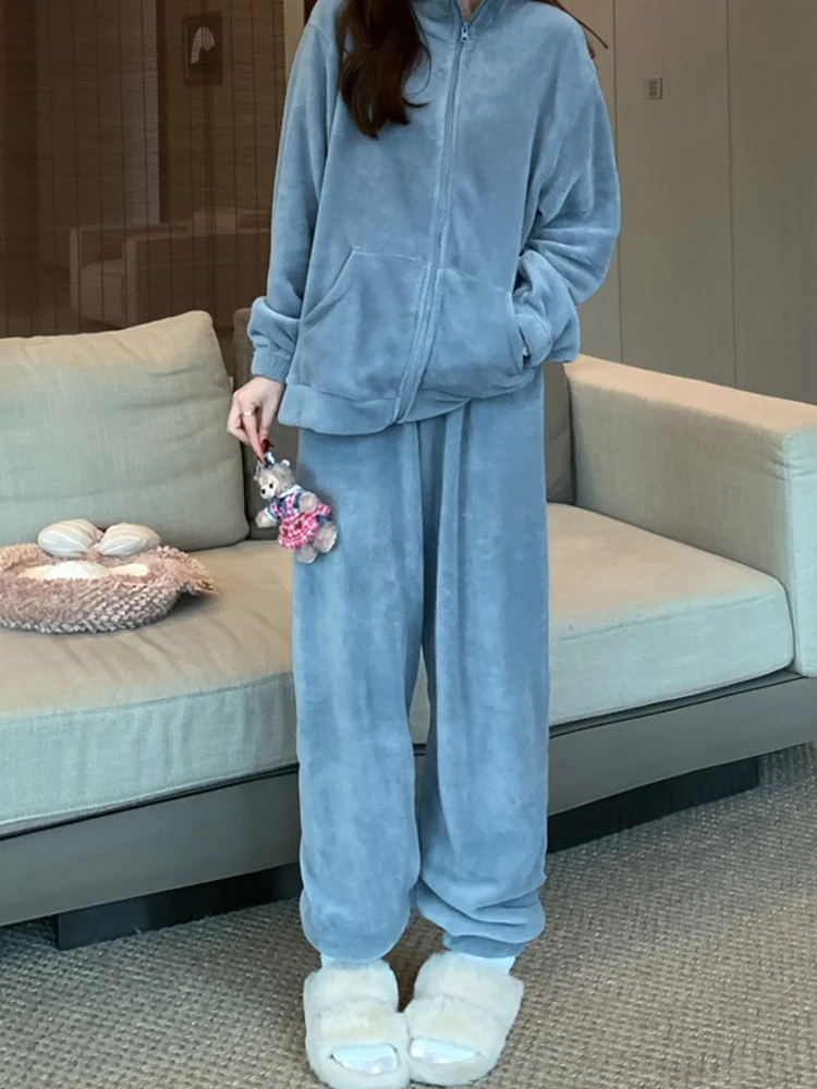 Winter Sleepwear Women Coral Fleece Thickening Pajama Sets Sweety Vintage Suit Solid Color 2 Piece Night Wears Home Clothes