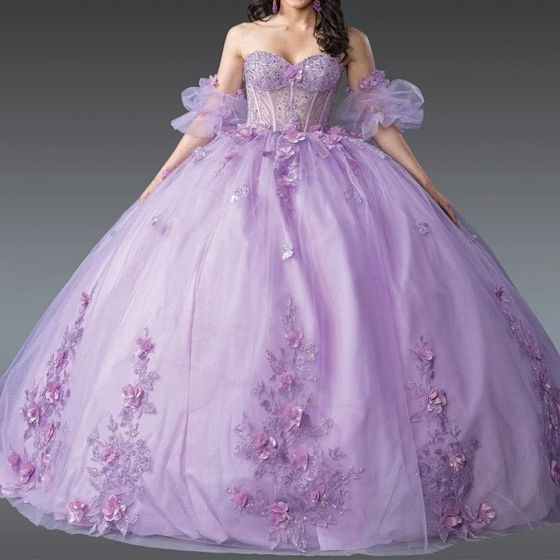 ANGELSBRIDEP Lavender Quinceanera Dresses Ball Gown 3D Flowers Floral Applique Beads Lace Up Corset Sweet 16 Dress Customized