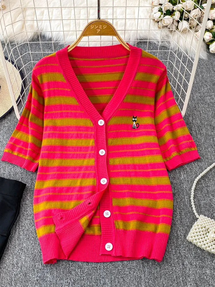 

Summer 2025 New Sle Embroidered Stripe V-ne Open Cardigan Knitted Loose Casual Slimming T-irt Women's Faion