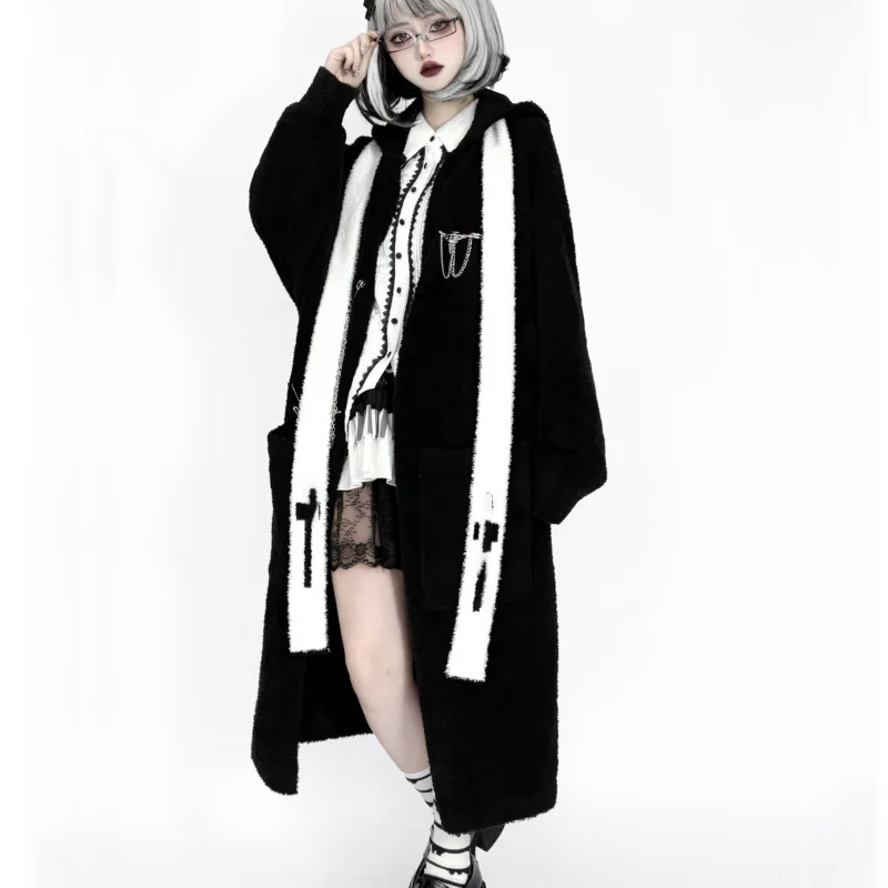Y2k Aesthetic Lolita Style Long Knit Cardigan Women's Gothic Punk Hooded Sweater Coat Women's Street Style Knit Top