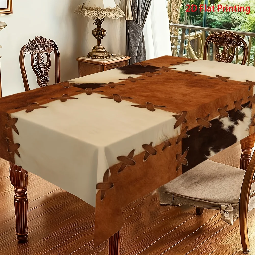 High-end versatile spring brown and off-white striped imitation leather texture tablecloth