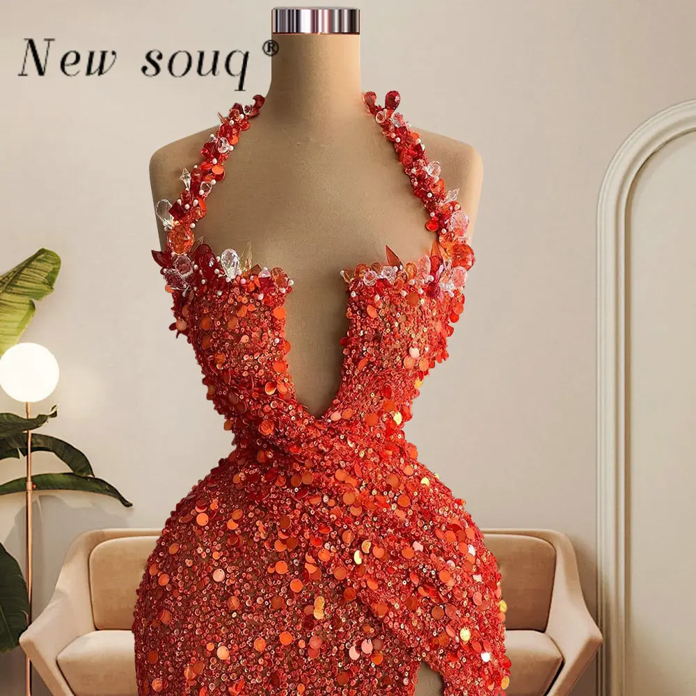 เซ็กซี่สูง Halter Long Mermaid Evening Dresses 2023 Sparkly Sequins ลูกปัดวันเกิดชุดแต่งงาน Vestidos De Gala