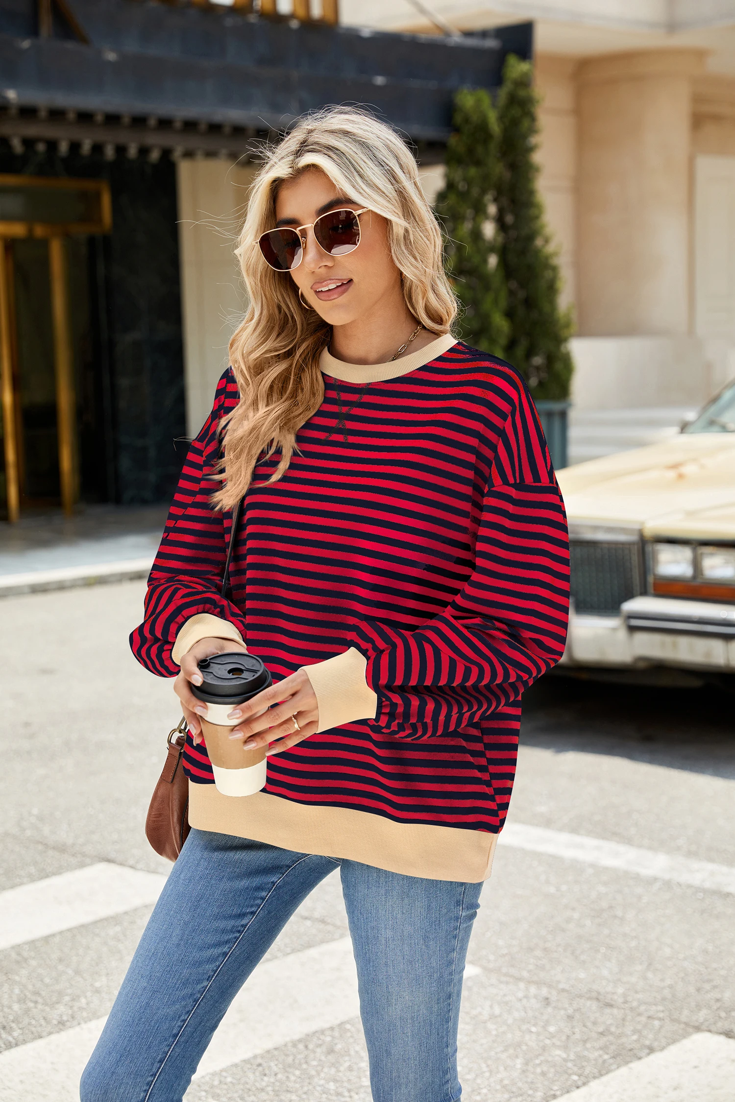 2024 Autumn/Winter New Fashion Casual Stripe Round Neck Contrast Loose Long sleeved Women's Sweater Coat